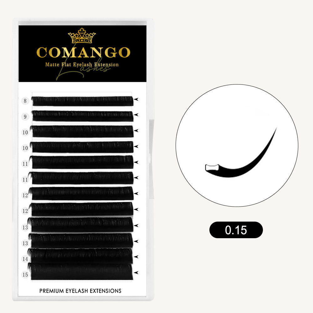 CoMango Lashes 0.15 ellipse flat lashes extensions in matte black for professional eyelash application