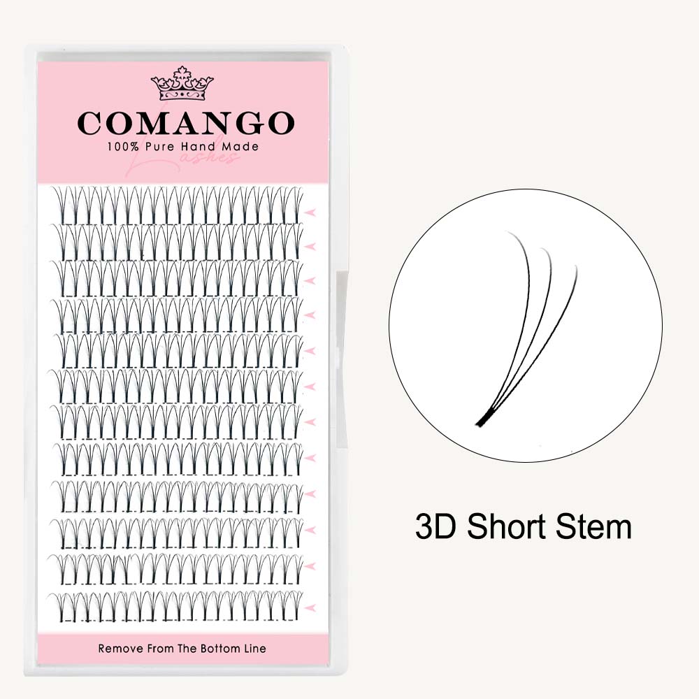 CoMango Lashes 3D premade volume fans short stem lash extensions in 0.07 and 0.10 thickness for professional eyelash application