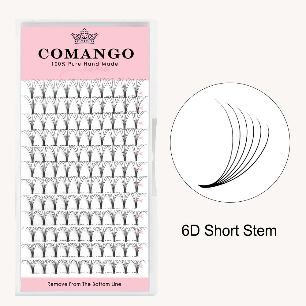 CoMango Lashes 6D premade volume fans short stem lash extensions in 0.07 and 0.10 thickness for professional eyelash application