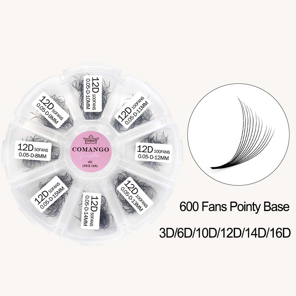 CoMango Lashes high-quality 600 pointy base premade loose fans lash extensions tray for salon lash artists