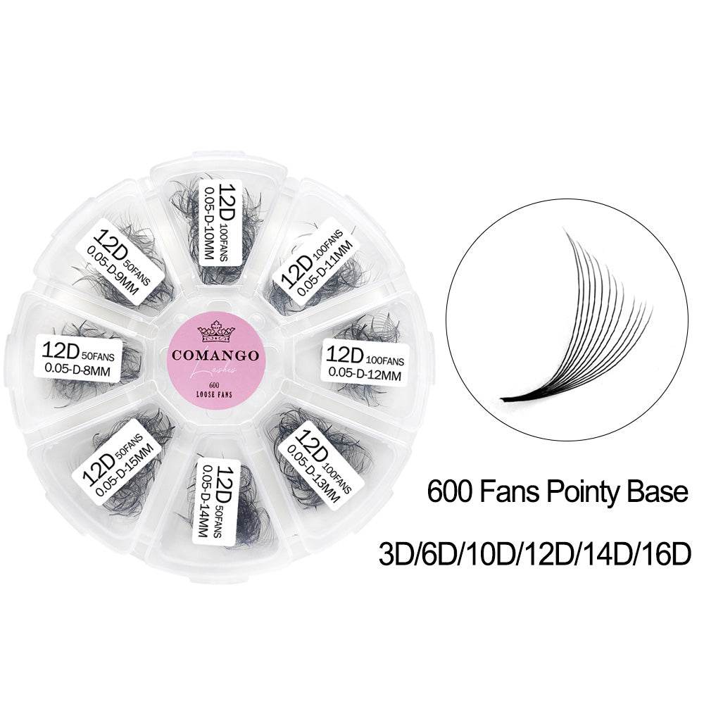 CoMango Lashes high-quality 600 pointy base premade loose fans lash extensions tray for salon lash artists