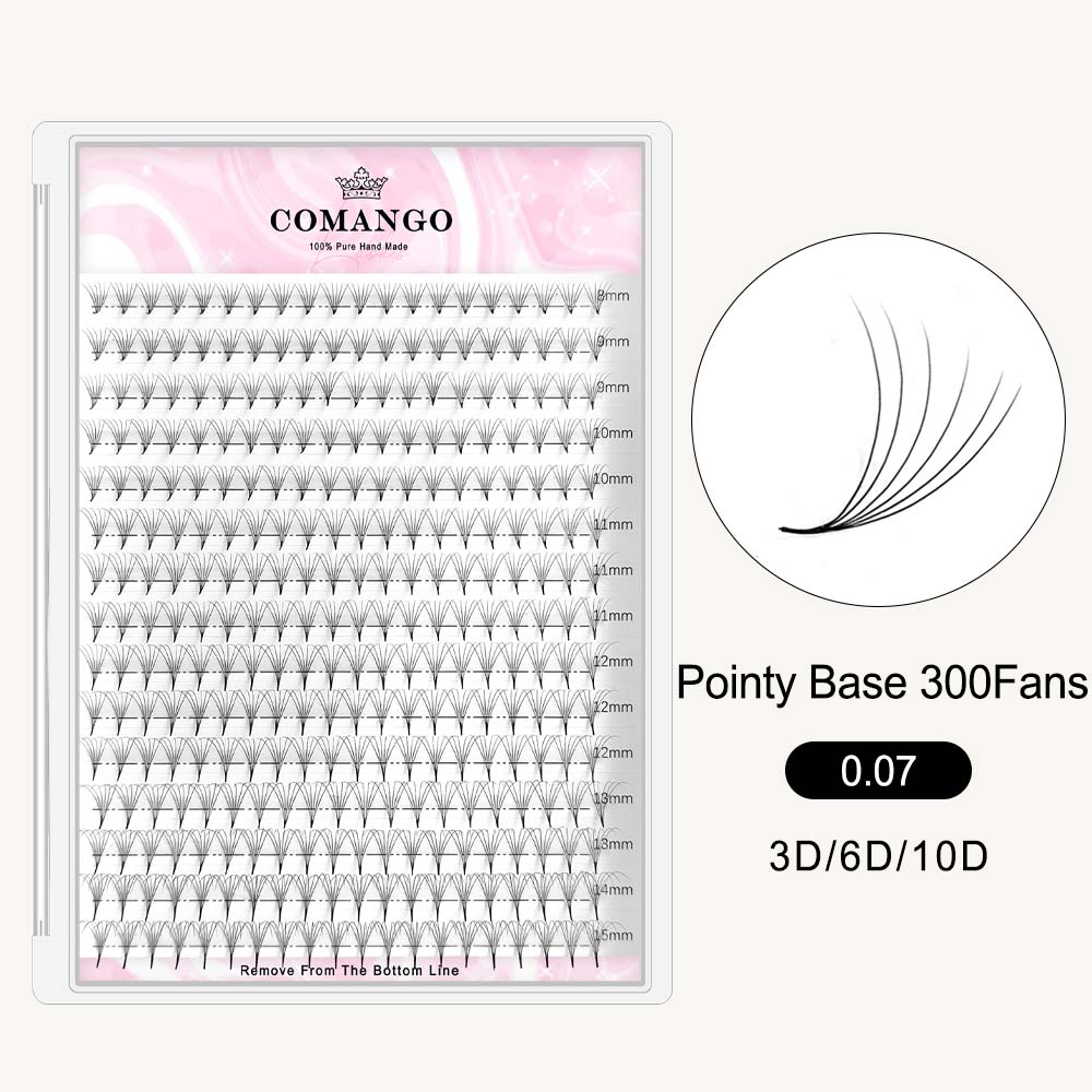 CoMango Lashes 300 fans tray of premade volume fans 0.07 pointy base lash extensions for professional eyelash application