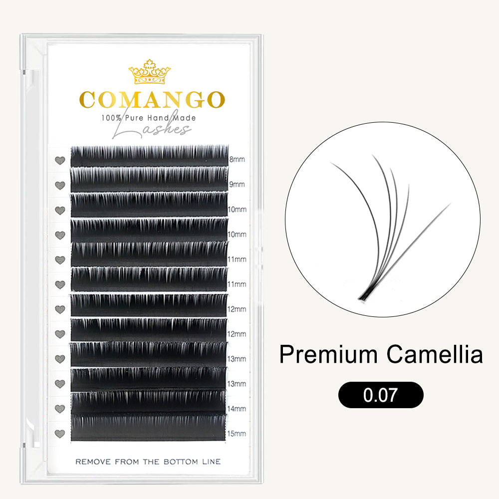 CoMango Lashes 0.07 premium Camellia lash extensions, soft and fluffy multi-layered design for natural, voluminous, and dramatic lash looks
