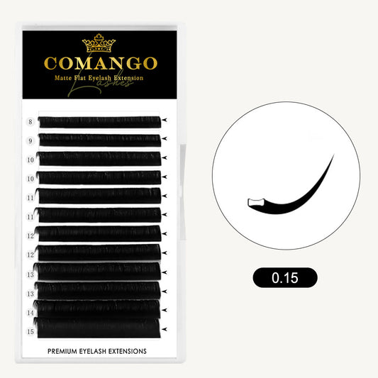 CoMango Lashes 0.15 ellipse flat lashes extensions in matte black for professional eyelash application
