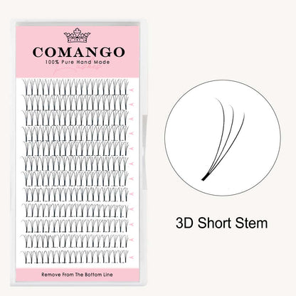 CoMango Lashes 3D premade volume fans short stem lash extensions in 0.07 and 0.10 thickness for professional eyelash application