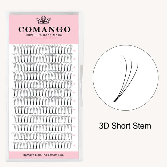 CoMango Lashes 3D premade volume fans short stem lash extensions in 0.07 and 0.10 thickness for professional eyelash application