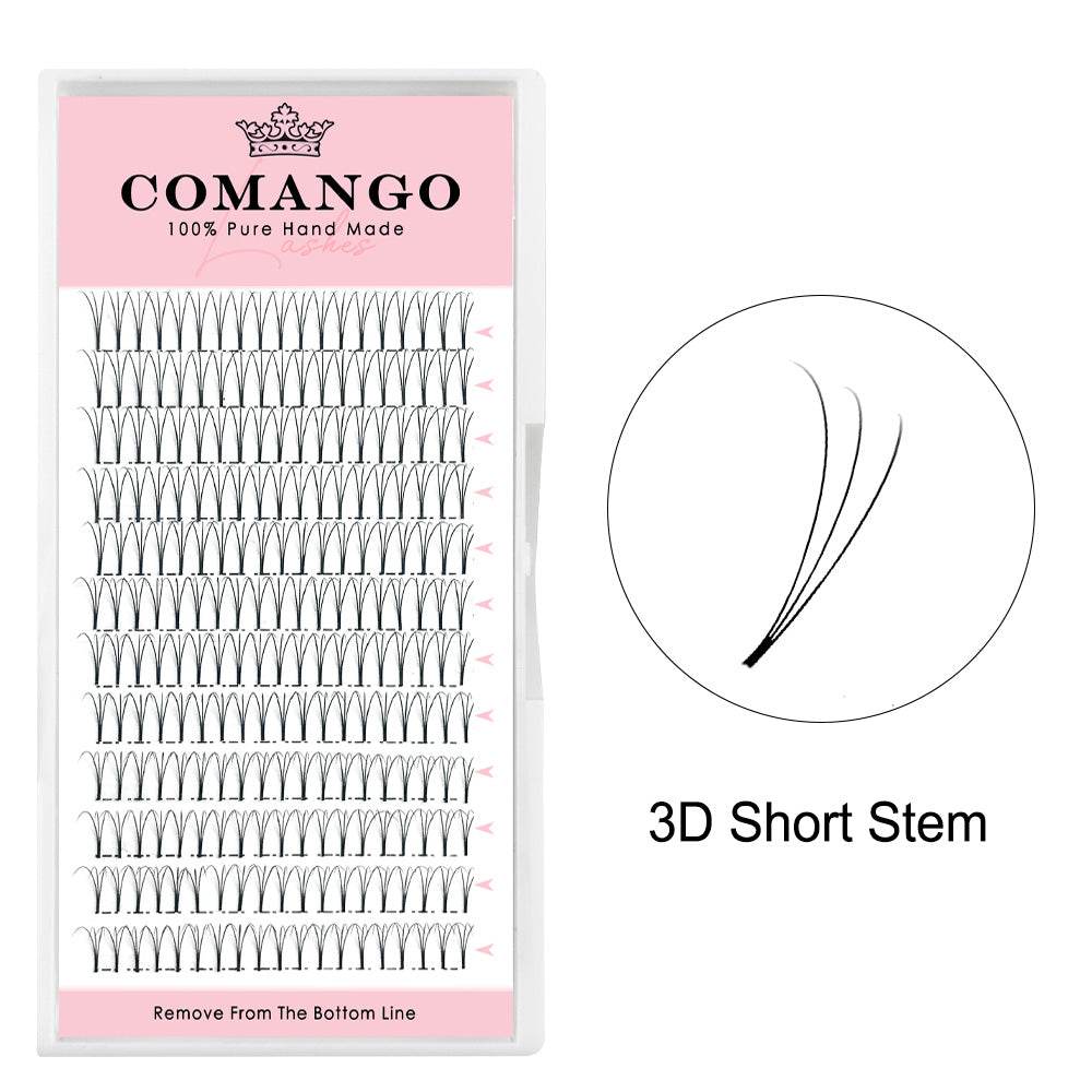 CoMango Lashes 3D premade volume fans short stem lash extensions in 0.07 and 0.10 thickness for professional eyelash application