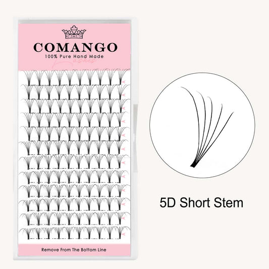 CoMango Lashes 5D premade volume fans short stem lash extensions in 0.07 and 0.10 thickness for professional eyelash application