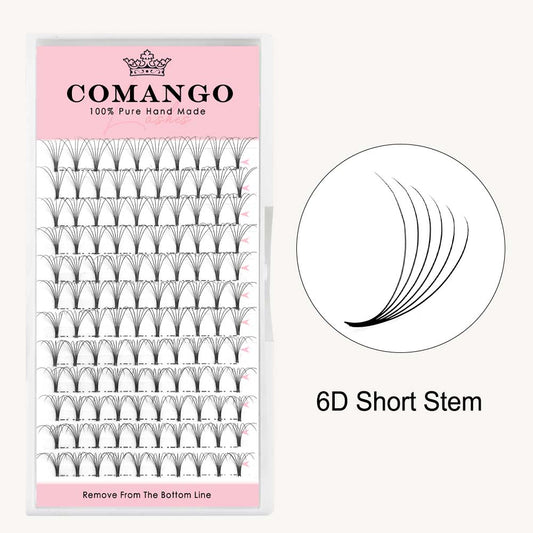 CoMango Lashes 6D premade volume fans short stem lash extensions in 0.07 and 0.10 thickness for professional eyelash application