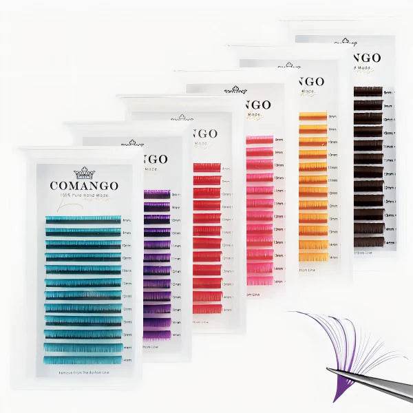 CoMango Lashes easy fans colored lash extensions for professional volume lash application, vibrant shades with quick blooming design
