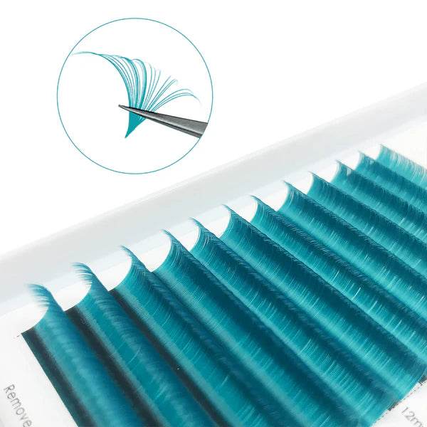 CoMango Lashes easy fans colored lash extensions in dark turquoise, unique blooming lashes for vibrant and stylish lash sets