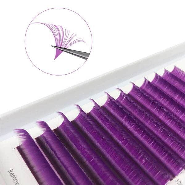 CoMango Lashes easy fans colored lash extensions in purple, bold volume lashes for unique and fashionable lash designs