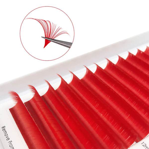 CoMango Lashes easy fans colored lash extensions in red, vivid and eye-catching lashes for dramatic lash styling