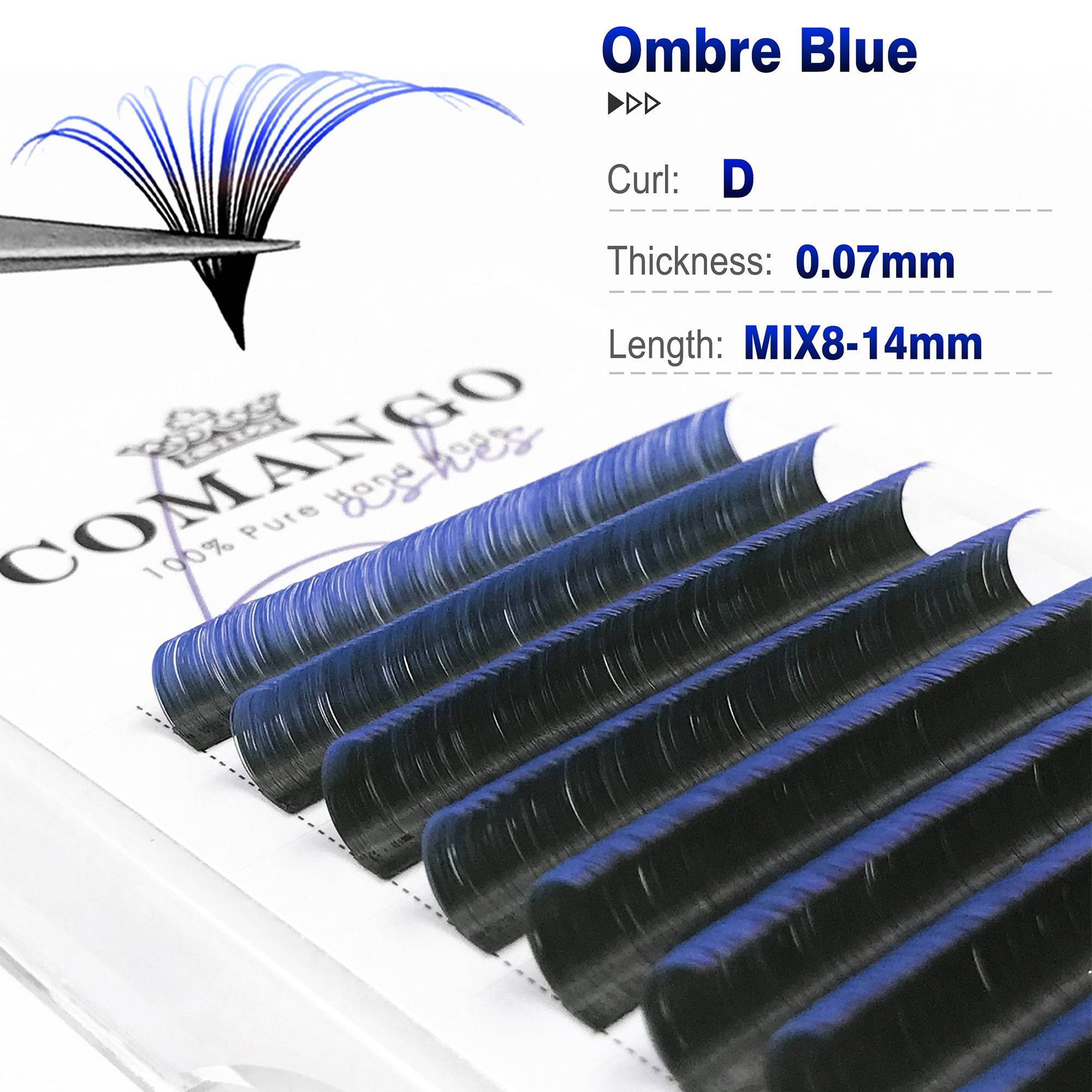 CoMango Lashes easy fans ombre blue lash extensions 0.07mm, lightweight gradient lashes for trendy and eye-catching lash styling