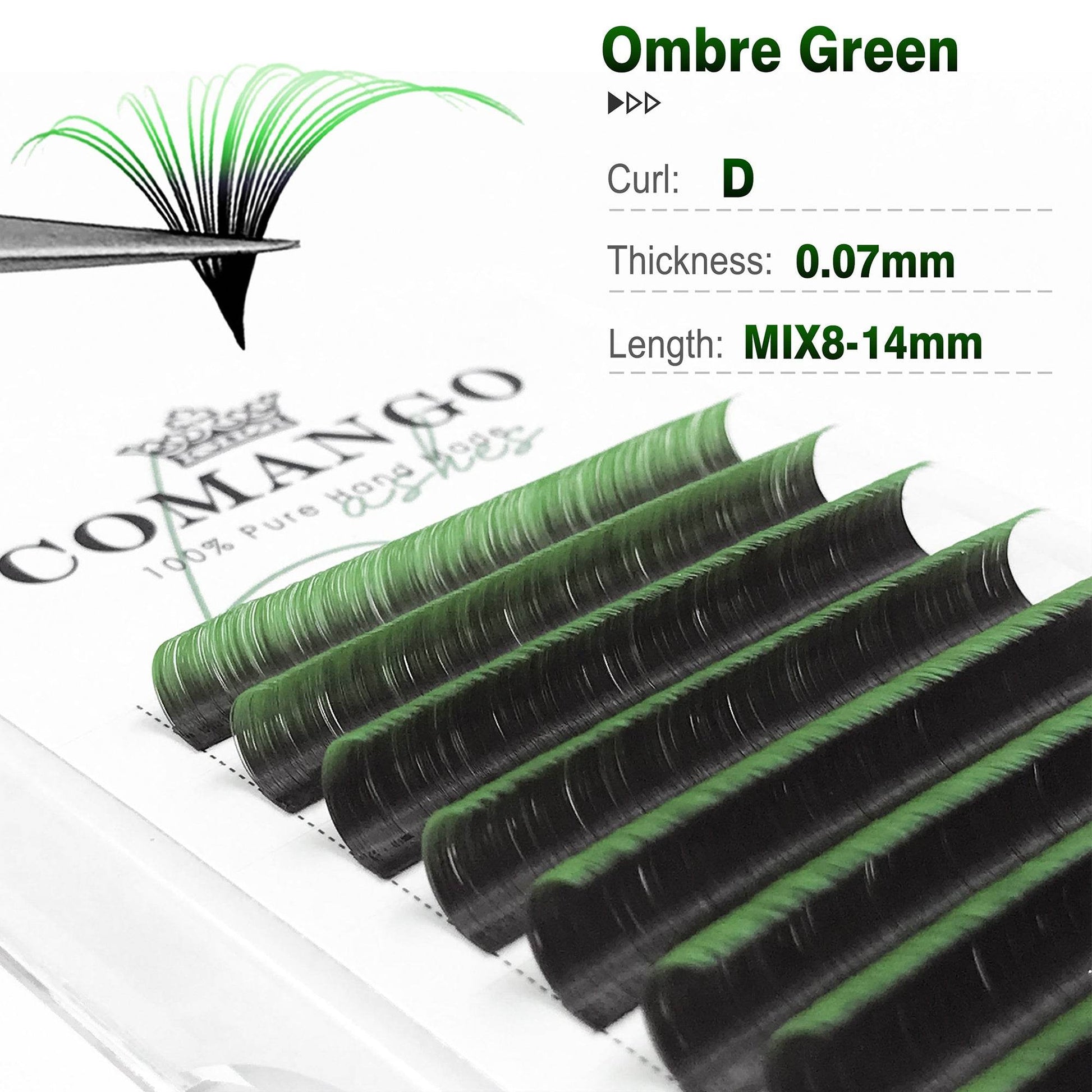 CoMango Lashes easy fans ombre green lash extensions 0.07mm, colorful gradient lashes for unique and fashionable lash sets