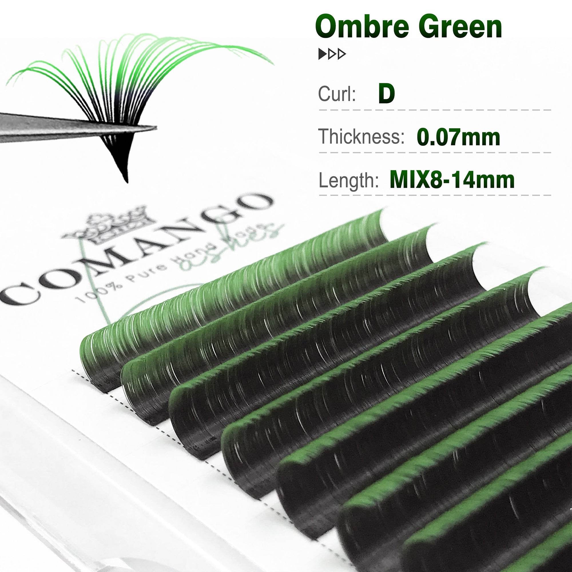 CoMango Lashes easy fans ombre green lash extensions 0.07mm, colorful gradient lashes for unique and fashionable lash sets
