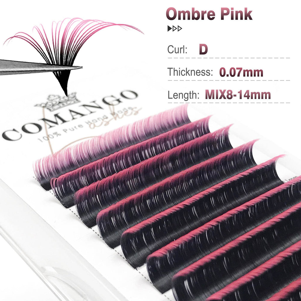 CoMango Lashes easy fans ombre pink lash extensions 0.07mm, gradient volume lashes for stylish and vibrant lash sets