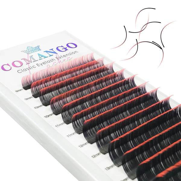 CoMango Lashes ombre classic lash extensions 0.07mm in orange-red gradient, vibrant colorful lashes for eye-catching lash effects