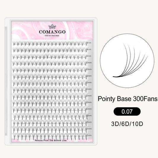 CoMango Lashes 300 fans tray of premade volume fans 0.07 pointy base lash extensions for professional eyelash application