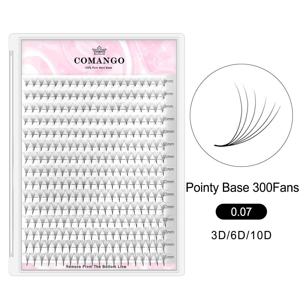 CoMango Lashes 300 fans tray of premade volume fans 0.07 pointy base lash extensions for professional eyelash application