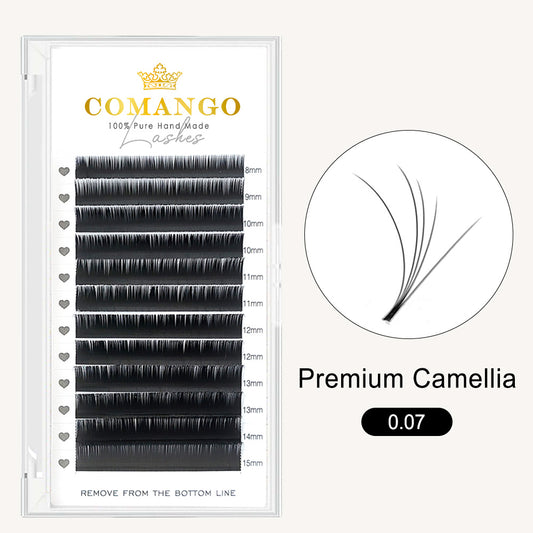 CoMango Lashes 0.07 premium Camellia lash extensions, soft and fluffy multi-layered design for natural, voluminous, and dramatic lash looks