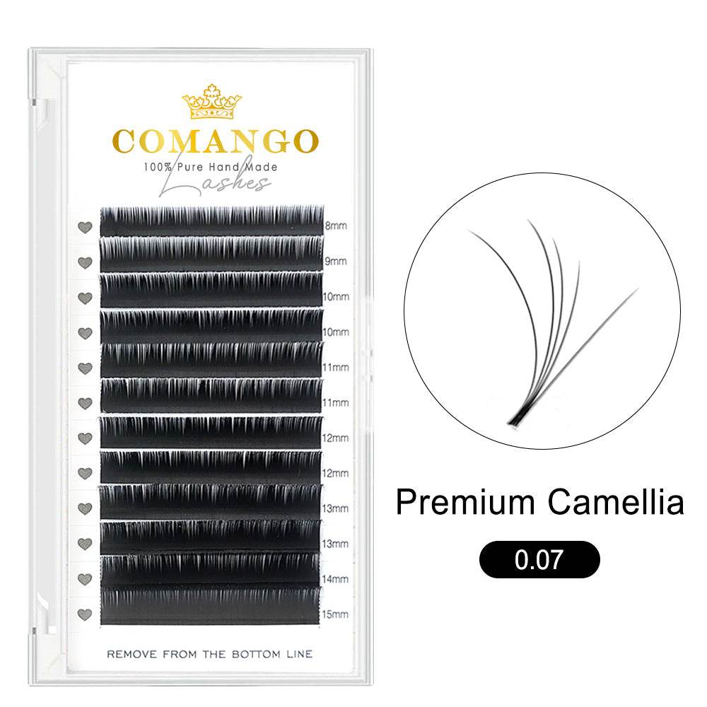 CoMango Lashes 0.07 premium Camellia lash extensions, soft and fluffy multi-layered design for natural, voluminous, and dramatic lash looks