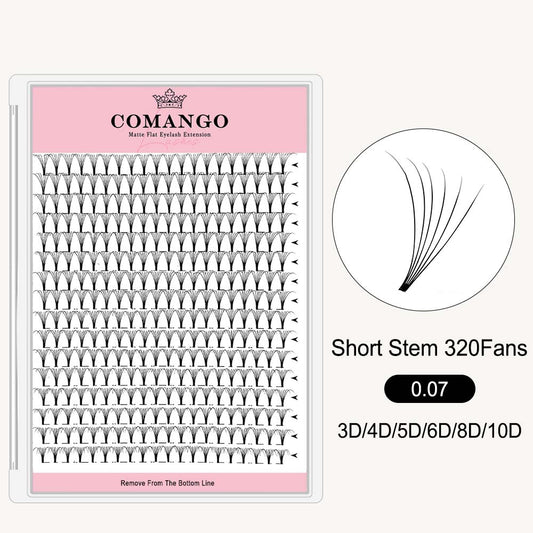 CoMango Lashes 320 fans tray of short stem premade volume fans 0.07 eyelash extensions for professional use