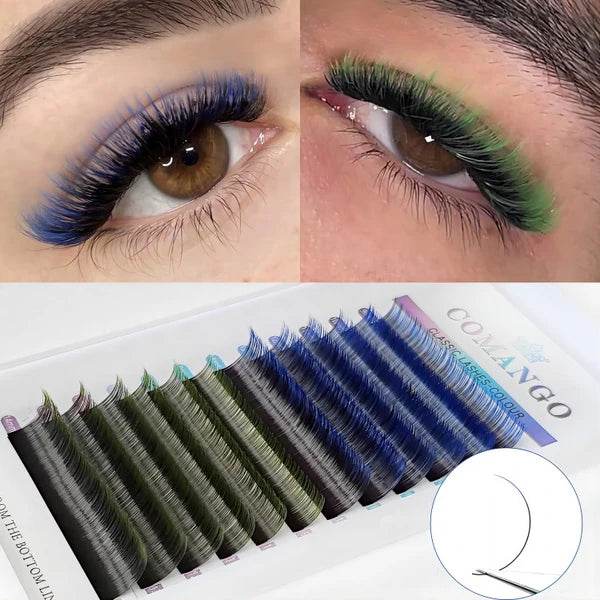 CoMango Lashes two-color classic lash extensions 0.07mm in ombre blue & ombre green, colorful dual-tone lashes for trendy and eye-catching lash styling