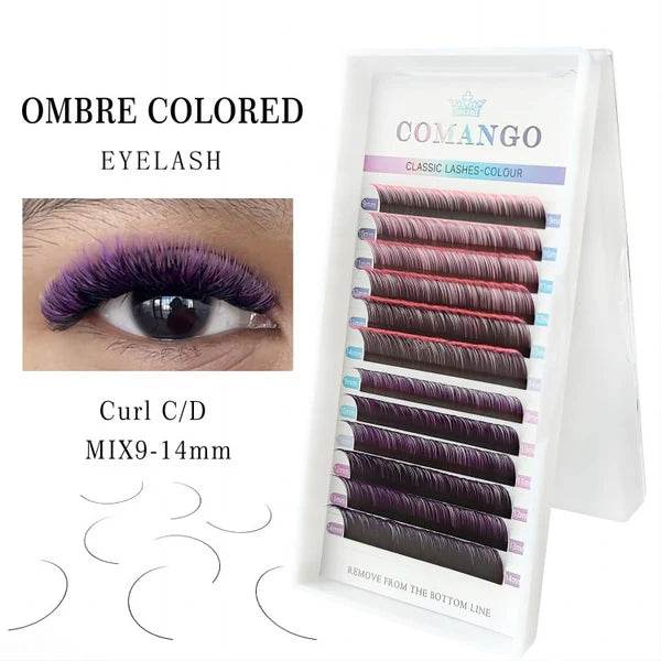 CoMango Lashes two-color classic lash extensions 0.07mm in ombre pink & ombre purple, vibrant dual-tone lashes for bold and stylish lash sets