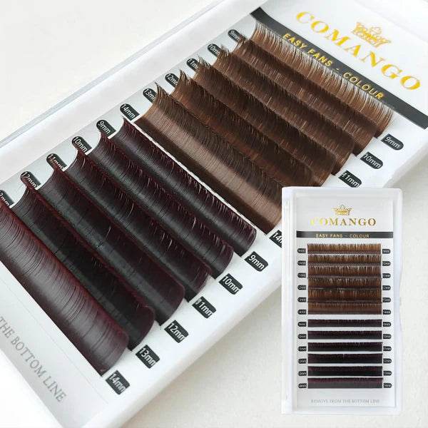 CoMango Lashes two-color easy fans lash extensions 0.07mm in dark brown & chocolate, soft blooming dual-tone lashes for natural yet defined volume lash looks
